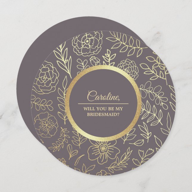 Will you be my Bridesmaid? Mocha Gold Floral Invitation (Front/Back)