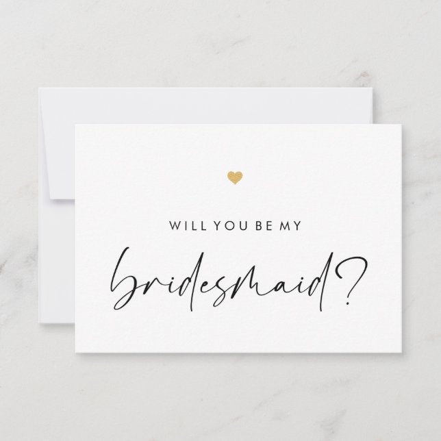 Will You Be My Bridesmaid Modern Script Gold Heart Invitation (Front)