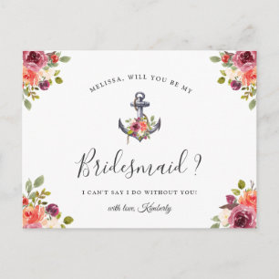 Will You Be My Bridesmaid Nautical Floral Anchor Invitation Postcard