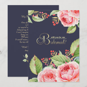 Will you be my Bridesmaid? Navy Blue Floral Invitation