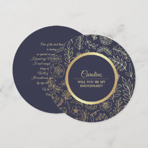 Will you be my Bridesmaid? Navy Blue Gold Floral Invitation