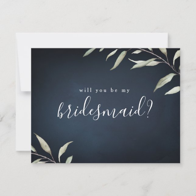Will you be my bridesmaid navy minimal greenery invitation (Front)