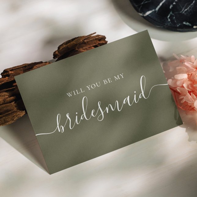 Will you be my bridesmaid. Olive green script Invitation Postcard (Creator Uploaded)