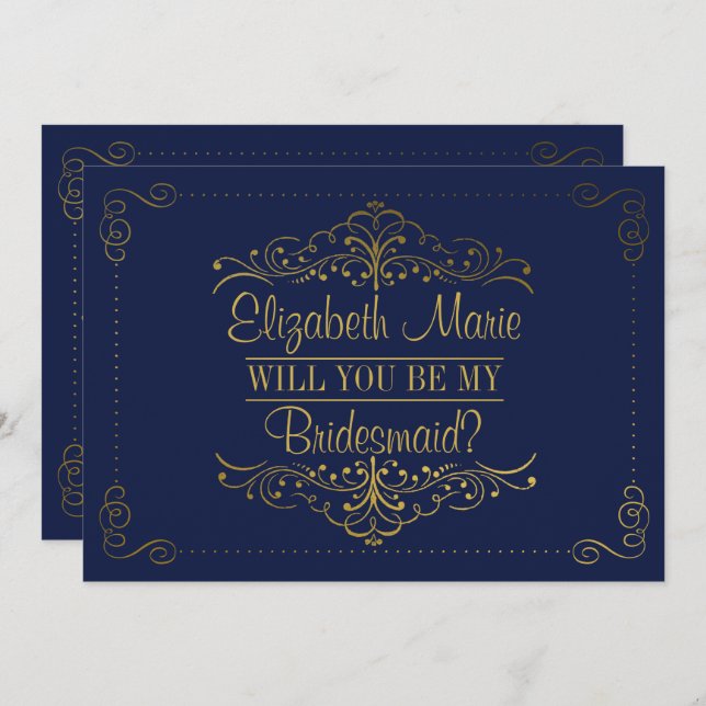 Will You Be My Bridesmaid? Ornate Navy & Gold Invitation (Front/Back)