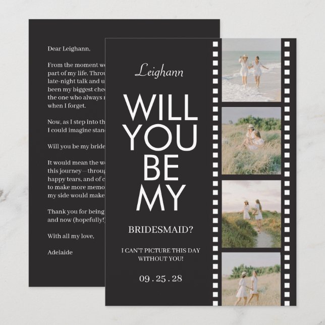 Will You Be My Bridesmaid Photo Black Reel Invitation (Front/Back)