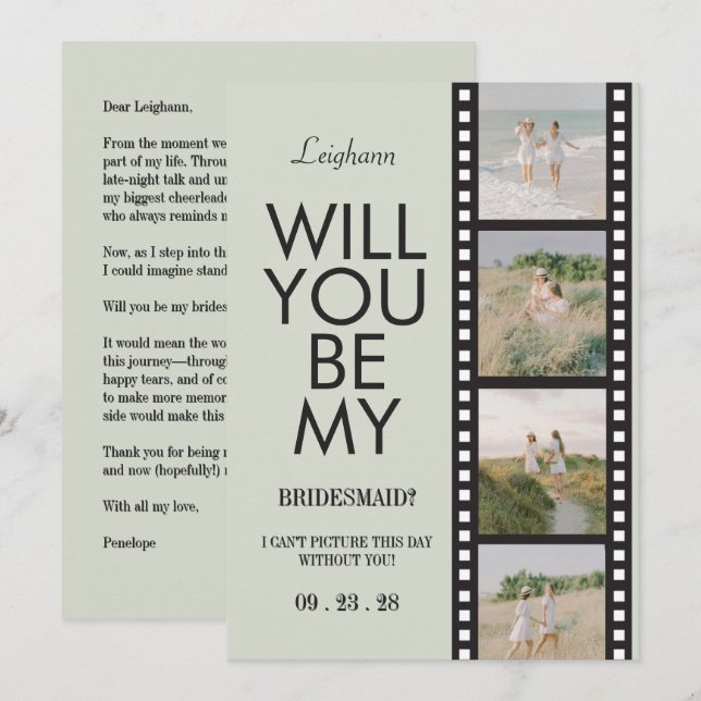 Will You Be My Bridesmaid Photo Green Reel Invitation (Front/Back)