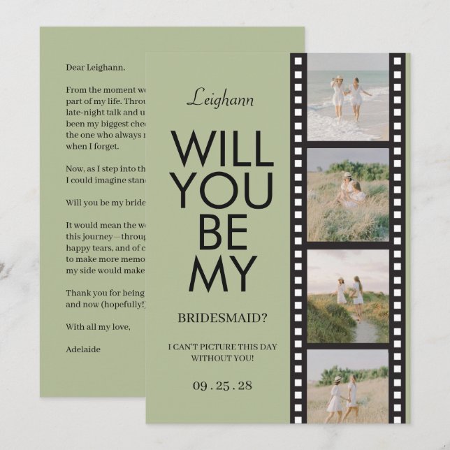 Will You Be My Bridesmaid Photo Green Reel Invitation (Front/Back)