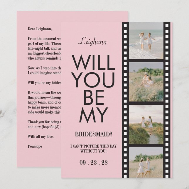 Will You Be My Bridesmaid Photo Pink Reel Invitation (Front/Back)