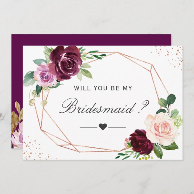Will You Be My Bridesmaid Plum Purple Floral Invitation (Front/Back)