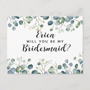 Will you be my bridesmaid postcard eucalyptus 