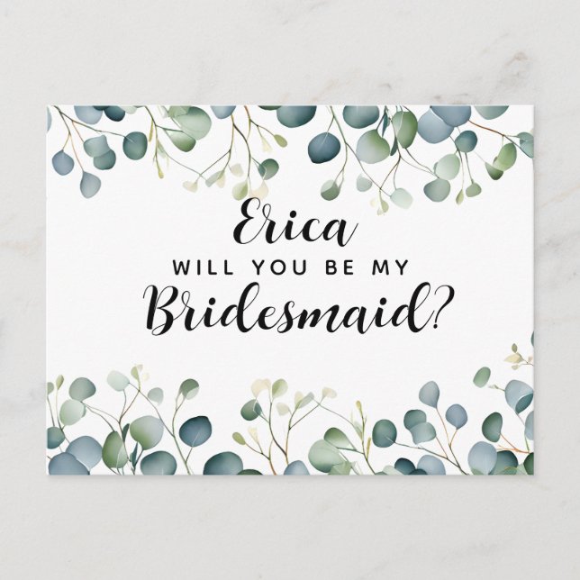 Will you be my bridesmaid postcard eucalyptus  (Front)