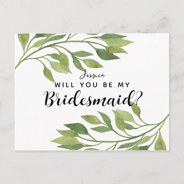 Will you be my bridesmaid postcard greenery leaf (Front)