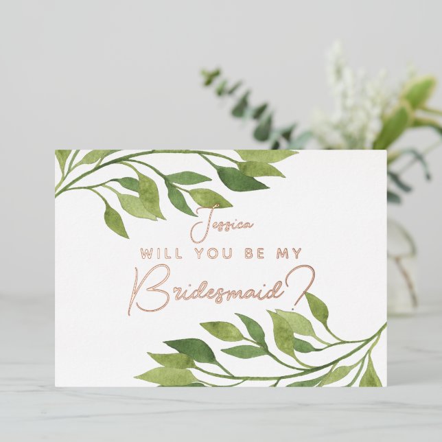Will you be my bridesmaid postcard greenery leaf (Standing Front)