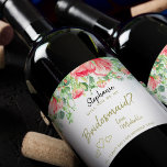 Will you be my bridesmaid proposal floral gift wine label<br><div class="desc">Personalised will you be my maid of honour / bridesmaid / matron of honour / flower girl editable golden text wine label gift featuring big blush and coral pink elegant garden roses with sage green foliage and leaves on a plain white background. Ideal for a romantic watercolor spring or summer...</div>