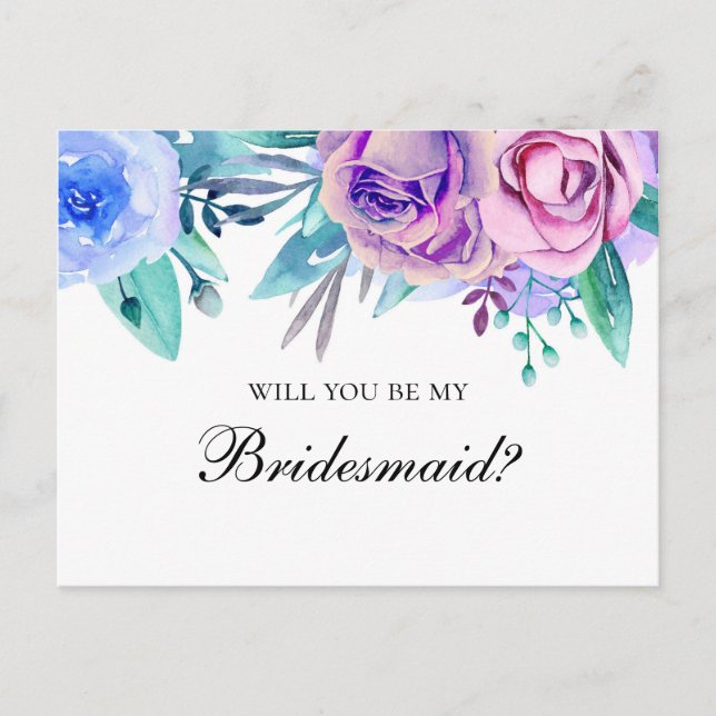 Will you be my bridesmaid. Purple and blue wedding Invitation Postcard (Front)