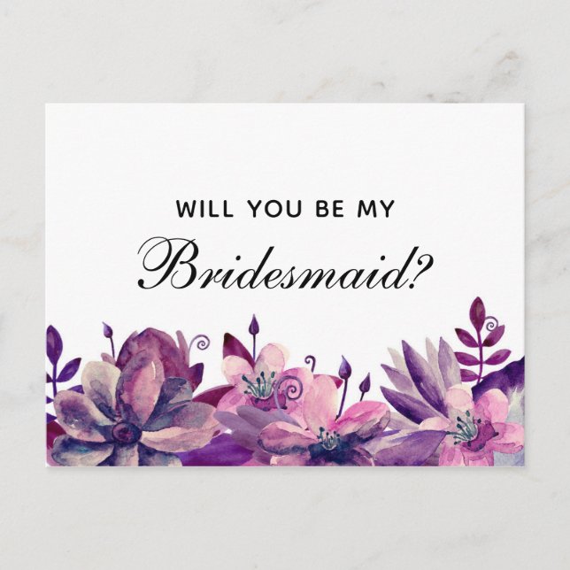 Will you be my bridesmaid. Purple and pink flowers Invitation Postcard (Front)
