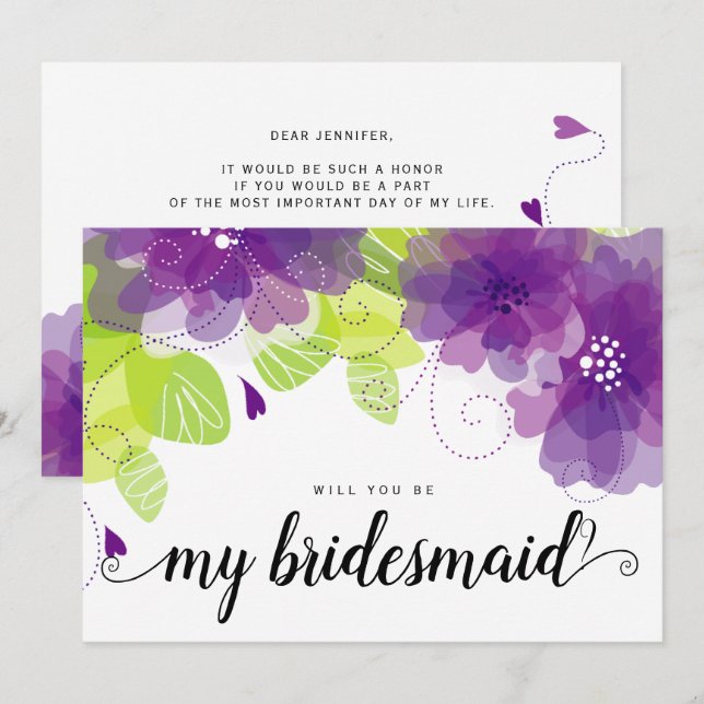 Will you be my bridesmaid purple flowers card (Front/Back)