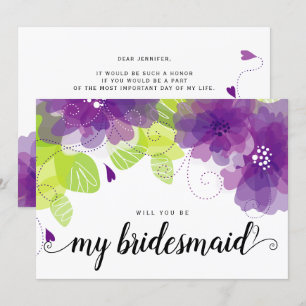 Will you be my bridesmaid purple flowers card