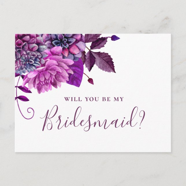 Will you be my bridesmaid. Purple violet floral Invitation Postcard (Front)