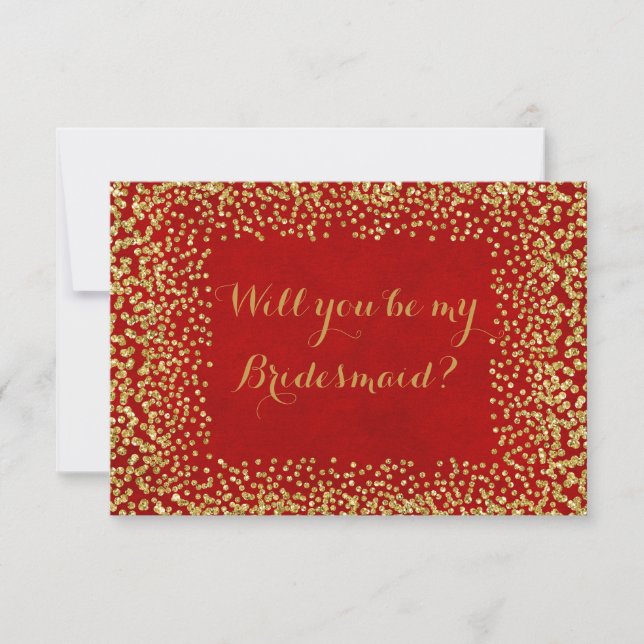Will You Be My Bridesmaid Red Gold Confetti Invitation (Front)