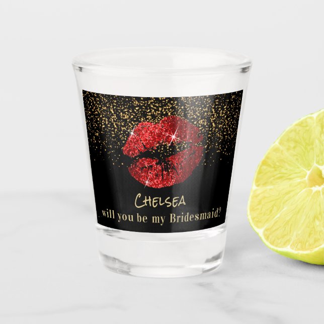 Will you be my Bridesmaid? - Red Lips Shot Glass (Front)