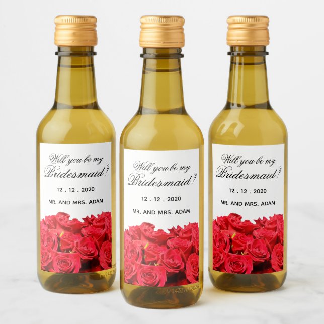 Will You Be My Bridesmaid Red Roses Mini Wine Label (Bottles)