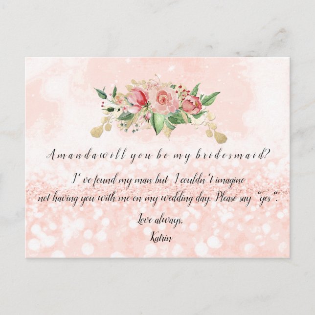 Will You Be My Bridesmaid Rose Blush Glitter Flora Invitation Postcard (Front)