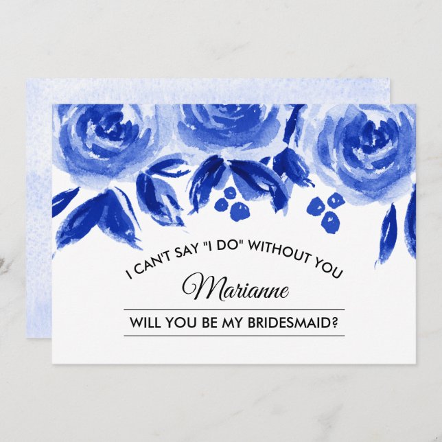 Will you be my Bridesmaid? Royal Blue Floral Invitation (Front/Back)
