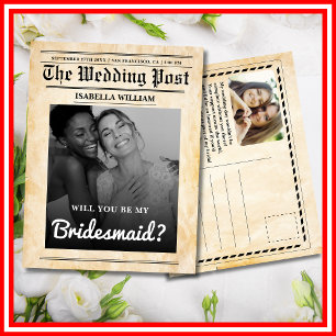 Will You Be My Bridesmaid Rustic Newspaper  Postcard