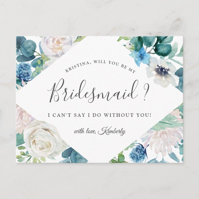 Will You Be My Bridesmaid Sage Green Blue Floral Invitation Postcard (Front)