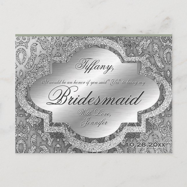 Will You Be My Bridesmaid? Silver Damask Invitation Postcard (Front)
