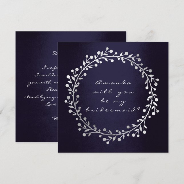 Will You Be My Bridesmaid Silver Wreath Navy Invitation (Front/Back)