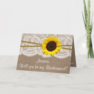 Will You Be My Bridesmaid? Sunflower Rustic Burlap Invitation