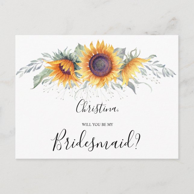 Will You Be My Bridesmaid Sunflowers Fall Floral Invitation Postcard (Front)