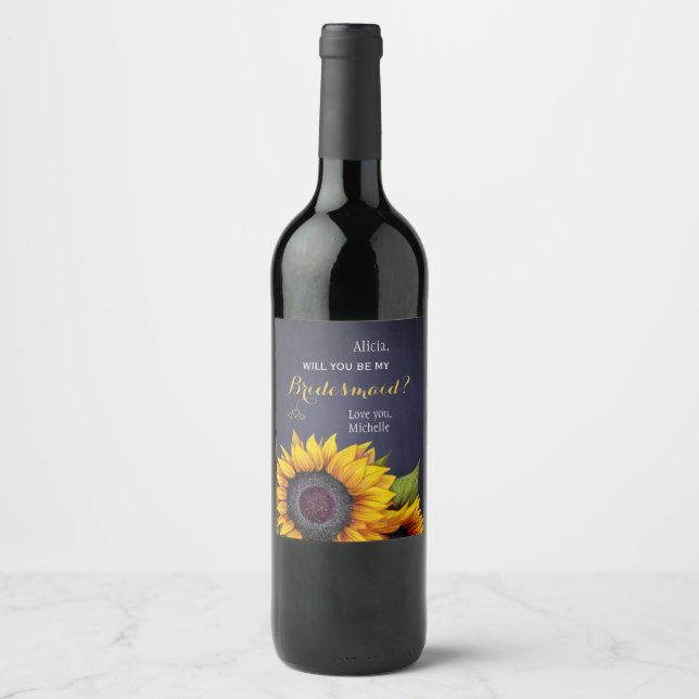 Will you be my bridesmaid sunflowers navy proposal wine label (Front)