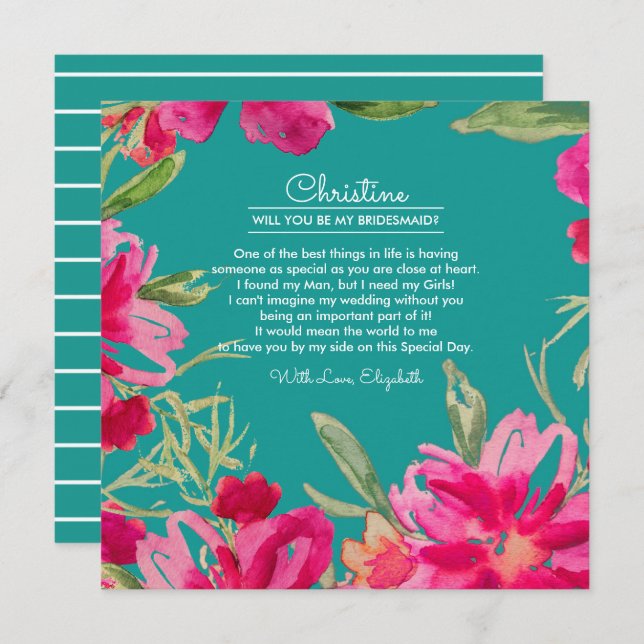 Will you be my Bridesmaid? Turquoise Fuchsia Invitation (Front/Back)