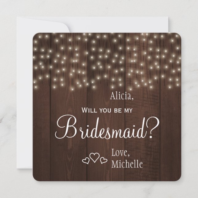 Will you be my bridesmaid twinkle lights rustic invitation (Front)