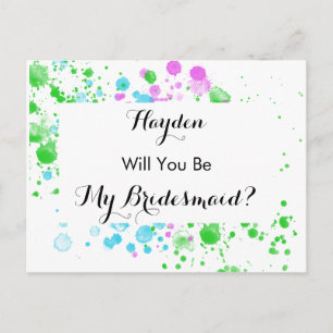 Will You Be My Bridesmaid Watercolor Splash Invitation Postcard