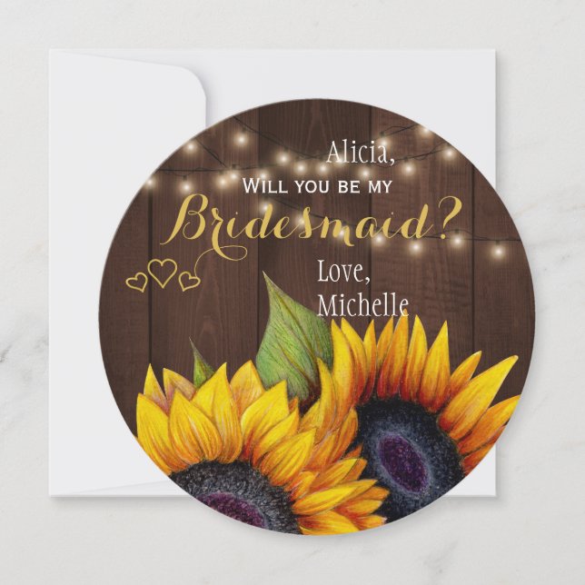 Will you be my bridesmaid wood sunflowers invitation (Front)