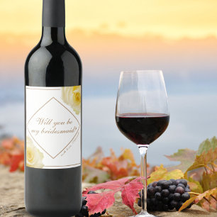 Will you be my Bridesmaid Yellow Rose Floral Wine Label