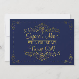 Will You Be My Flower Gir? Ornate Navy & Gold Invitation