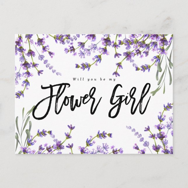 will you be my flower girl boho lavender floral announcement postcard (Front)