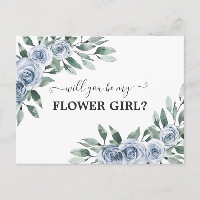 Will You Be My Flower Girl Dusty Blue Rose Floral Postcard (Front)