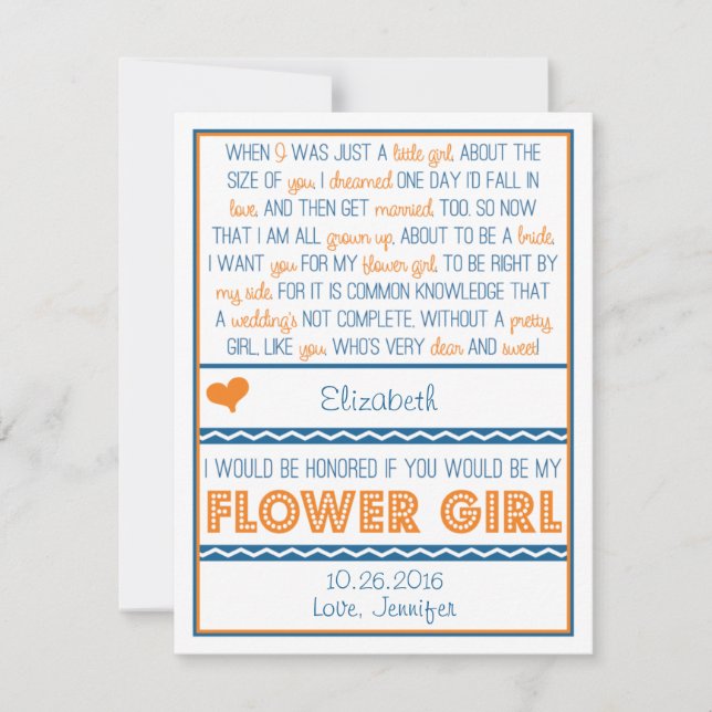 Will you be my Flower Girl? Navy Blue/Orange Poem Invitation (Front)