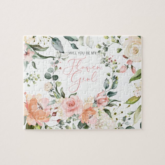 Will You Be My Flower Girl Pink Floral Script Jigsaw Puzzle (Horizontal)