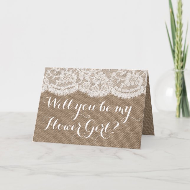 Will You Be My Flower Girl? Rustic Burlap & Lace Invitation (Front)