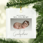 Will You Be My Godfather? Christmas Tree Ceramic Ornament<br><div class="desc">Ask your best friend, brother or cousin to be your baby's godfather with this gorgeous minimalist 2 sided photo christmas tree ornament, Featuring a cute photo of your baby, asking the question and on the other side another photo with a template message, the font styles and background colour can be...</div>