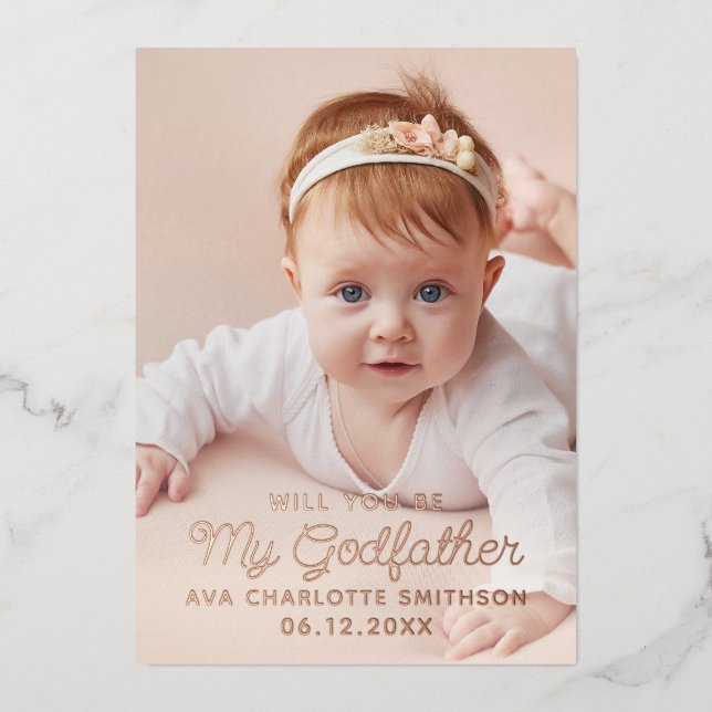 Will You Be My Godfather Classy Personalised Photo Foil Holiday Card (Front)
