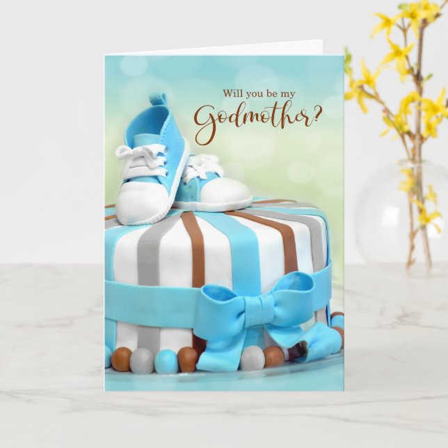 Will you be my Godmother Blue and Brown Cake Card (Yellow Flower)