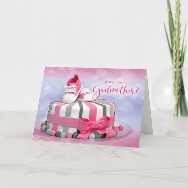 Will you be my Godmother Pink and Purple Cake Card (Front)